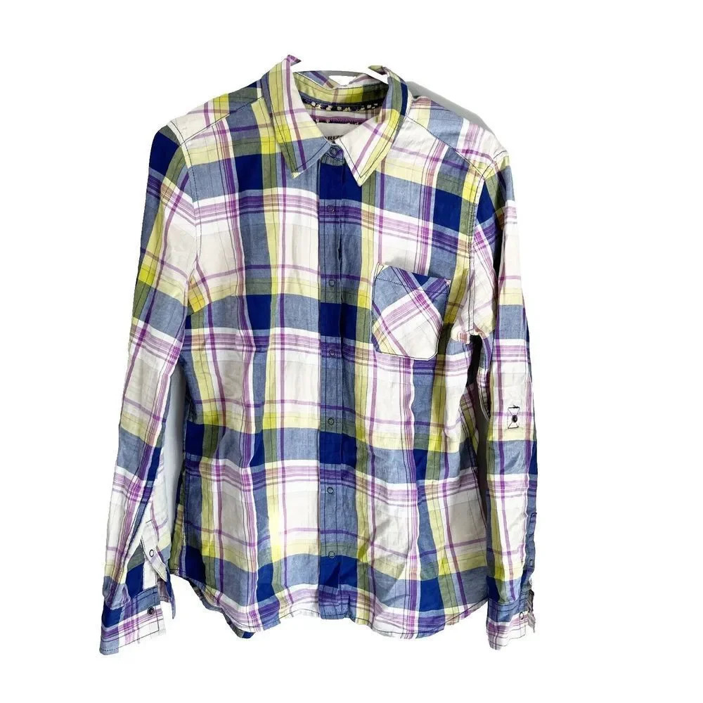 Arizona Jean Womens Yellow Purple Button Up Shirt Large Plaid Pocket Long Sleeve